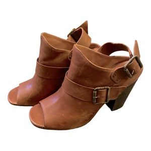 Trask Miriam Leather Stacked Open Toed Heel Brown Leather With Buckle